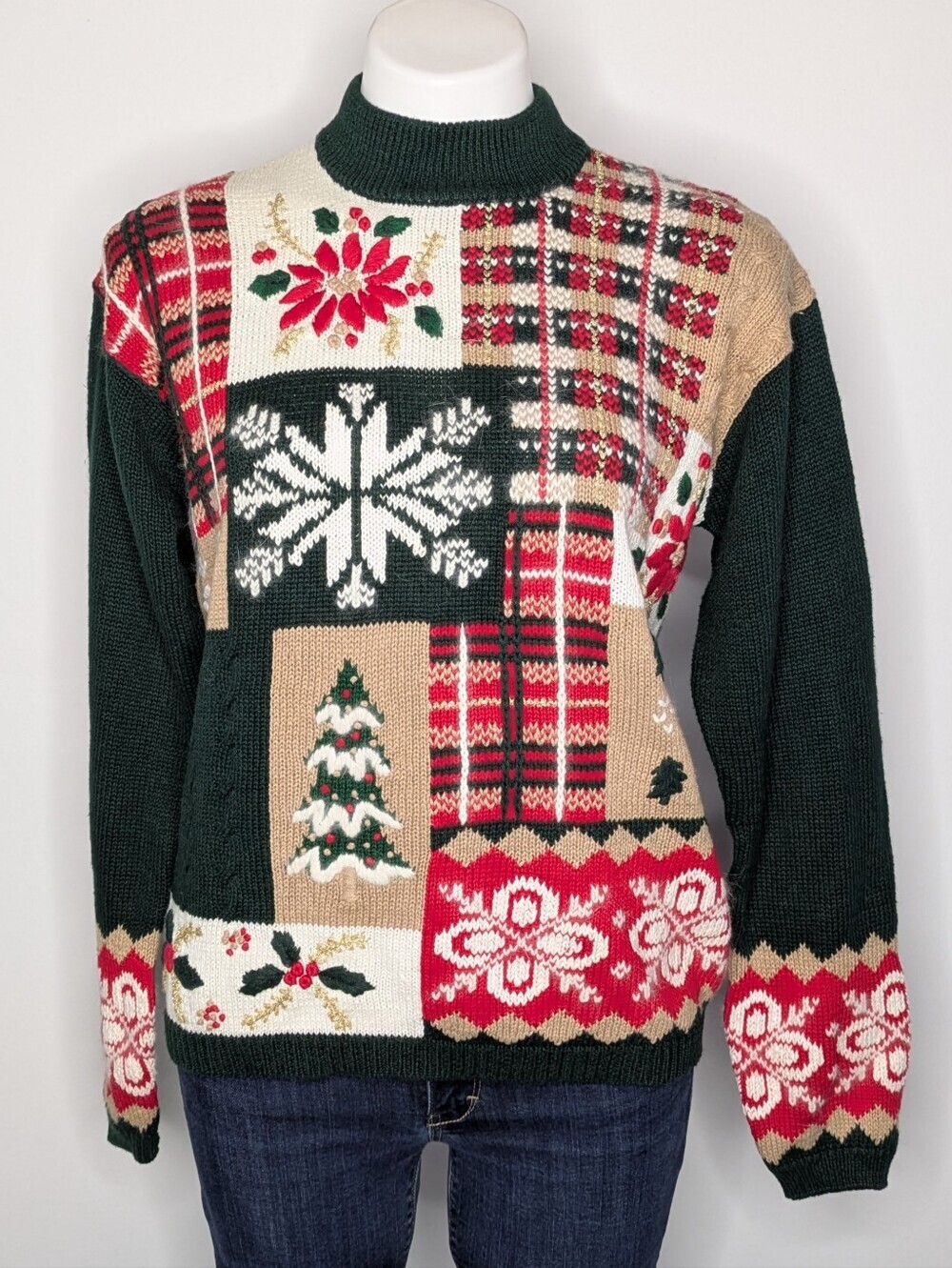 Vintage Classic Elements Green Tan Red Christmas Winter Holiday Sweater S